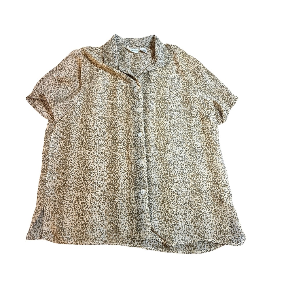 Alfred Dunner Womens Leopard Print Short Sleeve Button Down Blouse Tan 10 Sheer